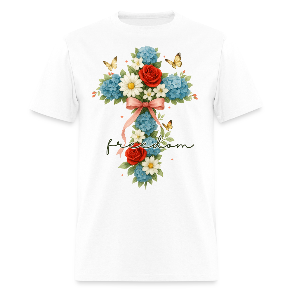 Religious Flower Cross Faith Freedom T-Shirt - white