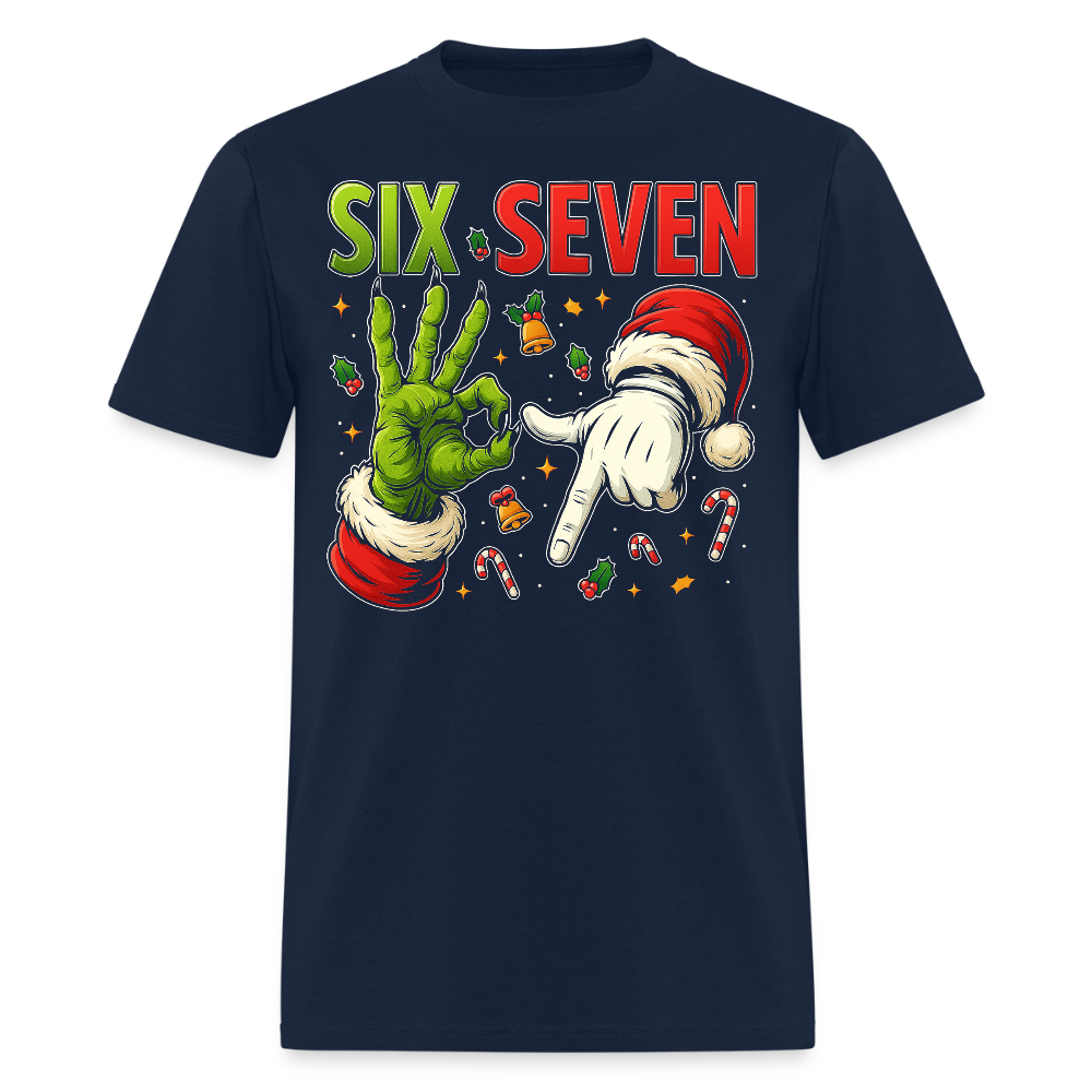 Six Seven Christmas Grinch And Santa Hands T-shirt - navy