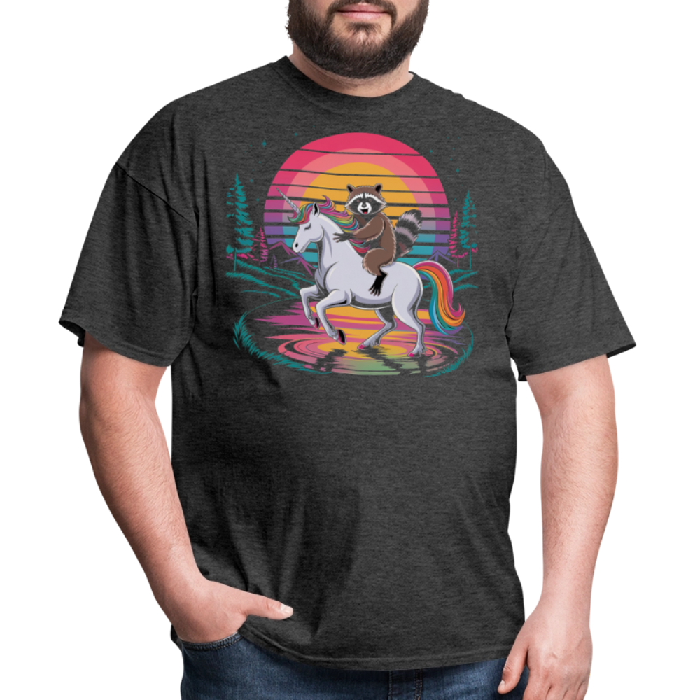 Colorful Retro Raccoon Riding Unicorn T-shirt - heather black