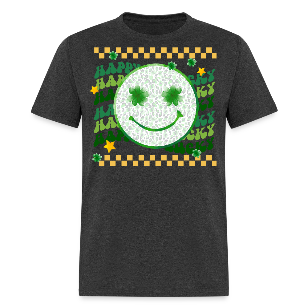 Lucky Shamrock Graphic Tee St Patrick’s Day Smiley Face T-shirt - heather black