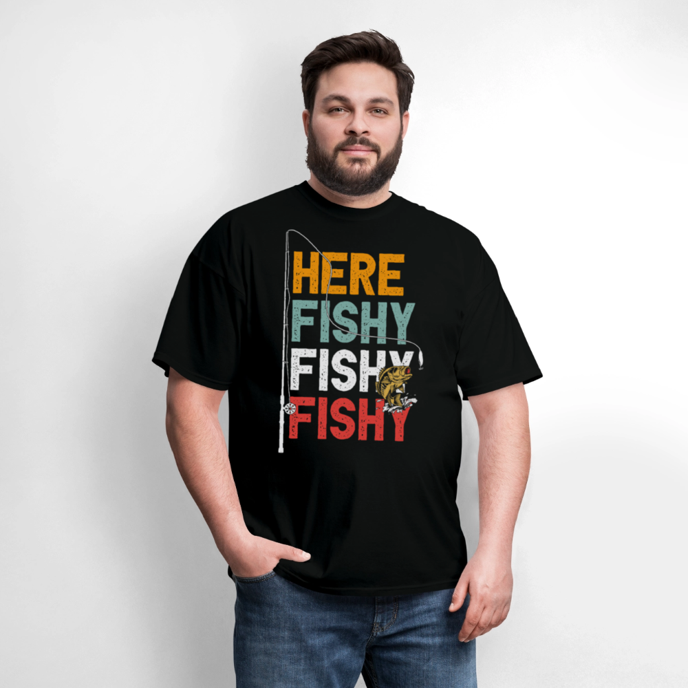 Here Fishy Fishy Fishing Tee Retro Fisherman T-Shirt - black