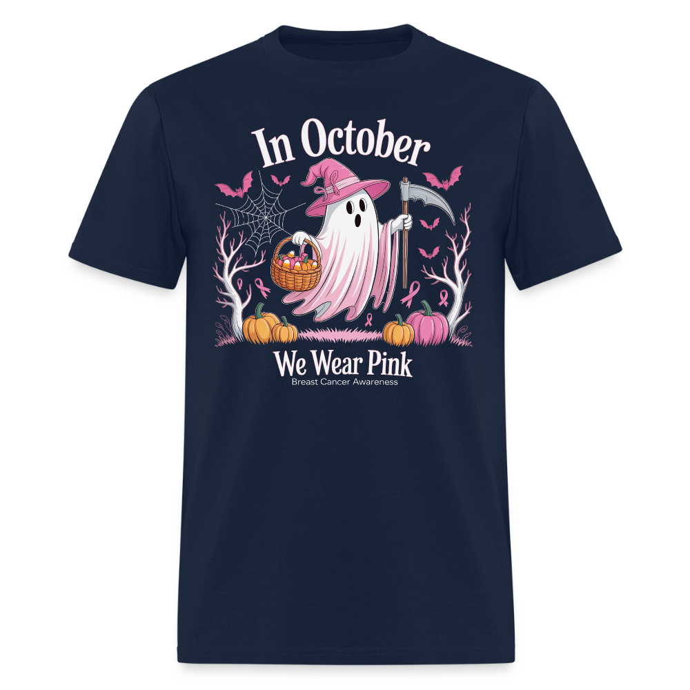 In October We Wear Pink Halloween Ghost T-Shirt - navy