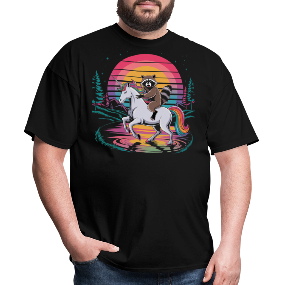 Colorful Retro Raccoon Riding Unicorn T-shirt - black