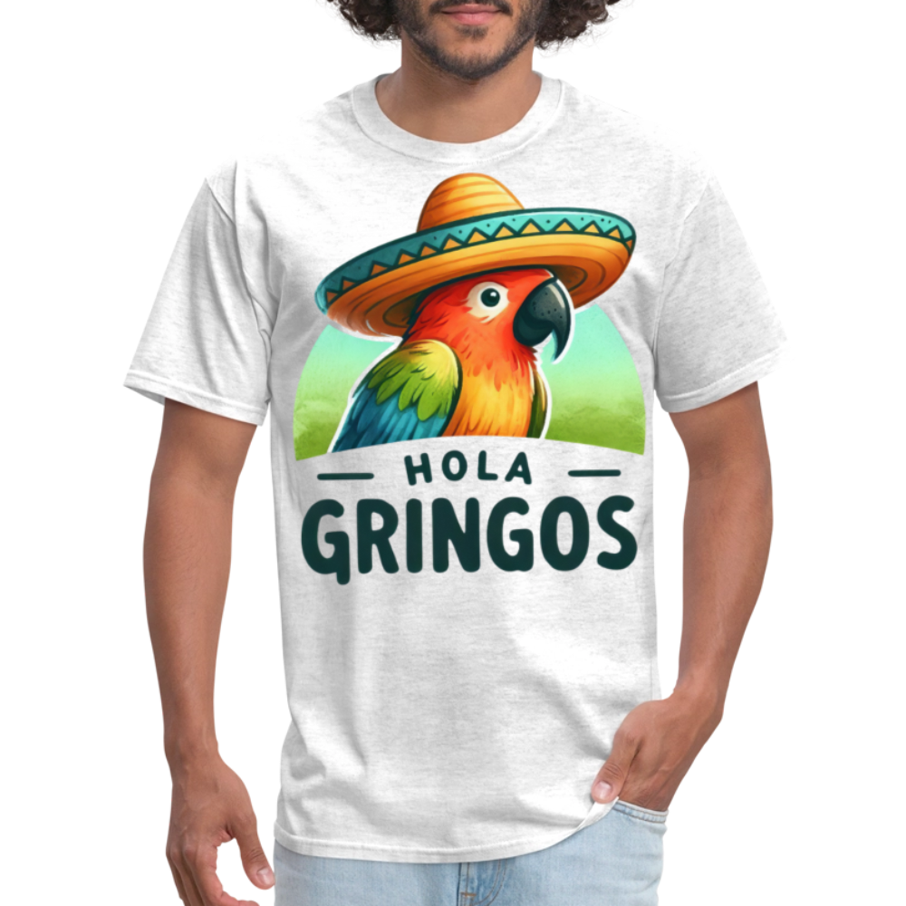 Colorful Parrot Sombrero Graphic Tee Hola Gringos Fiesta Party T-shirt - light heather gray
