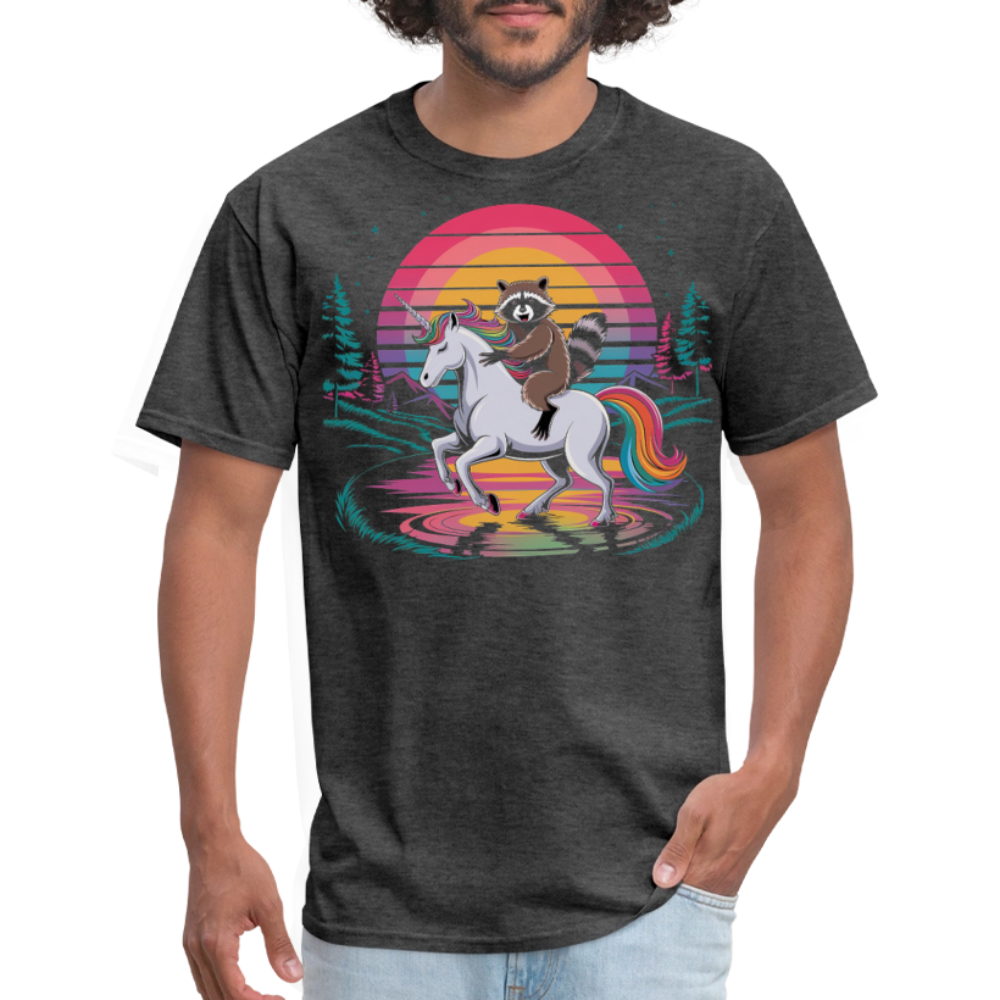 Colorful Retro Raccoon Riding Unicorn T-shirt - heather black