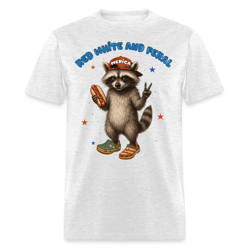 Red White And Feral Funny Patriotic Raccoon T-Shirt - light heather gray