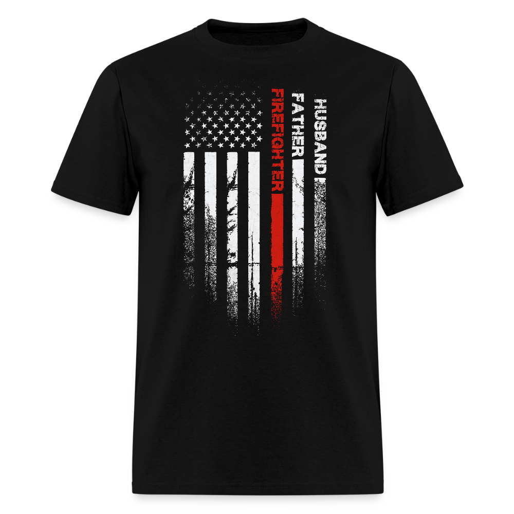 Firefighter Husband Father Thin Red Line American Flag T-Shirt - black