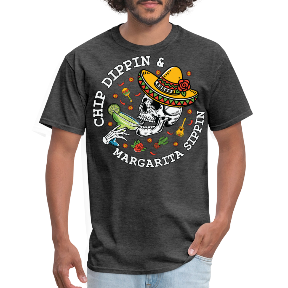Cinco de Mayo Skull Drinking Tee Chip Dipping And Margarita Sipping T-shirt - heather black