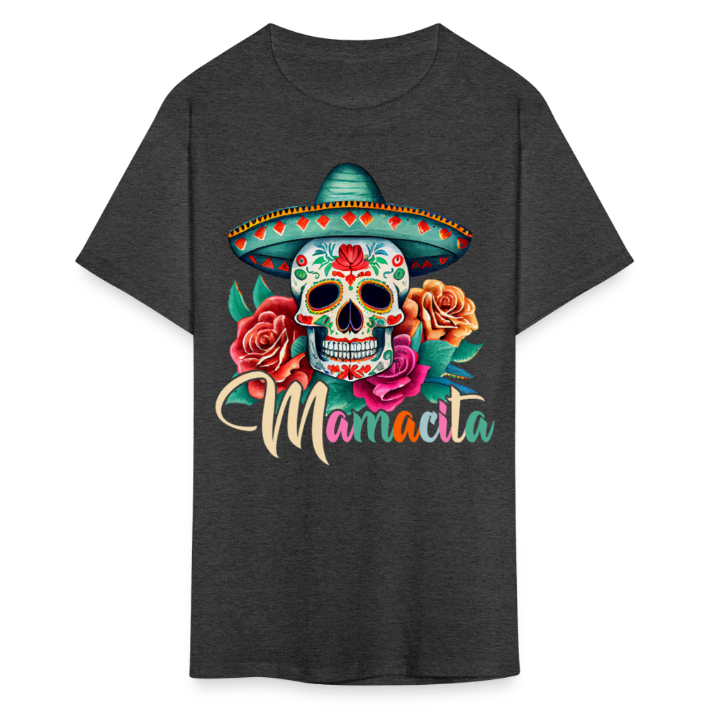 Mamacita Mexican Skull Design Tee Mexican Sugar Skull T-shirt - heather black