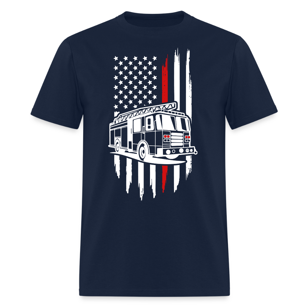 Firefighter Thin Red Line American Flag Firetruck T-Shirt - navy
