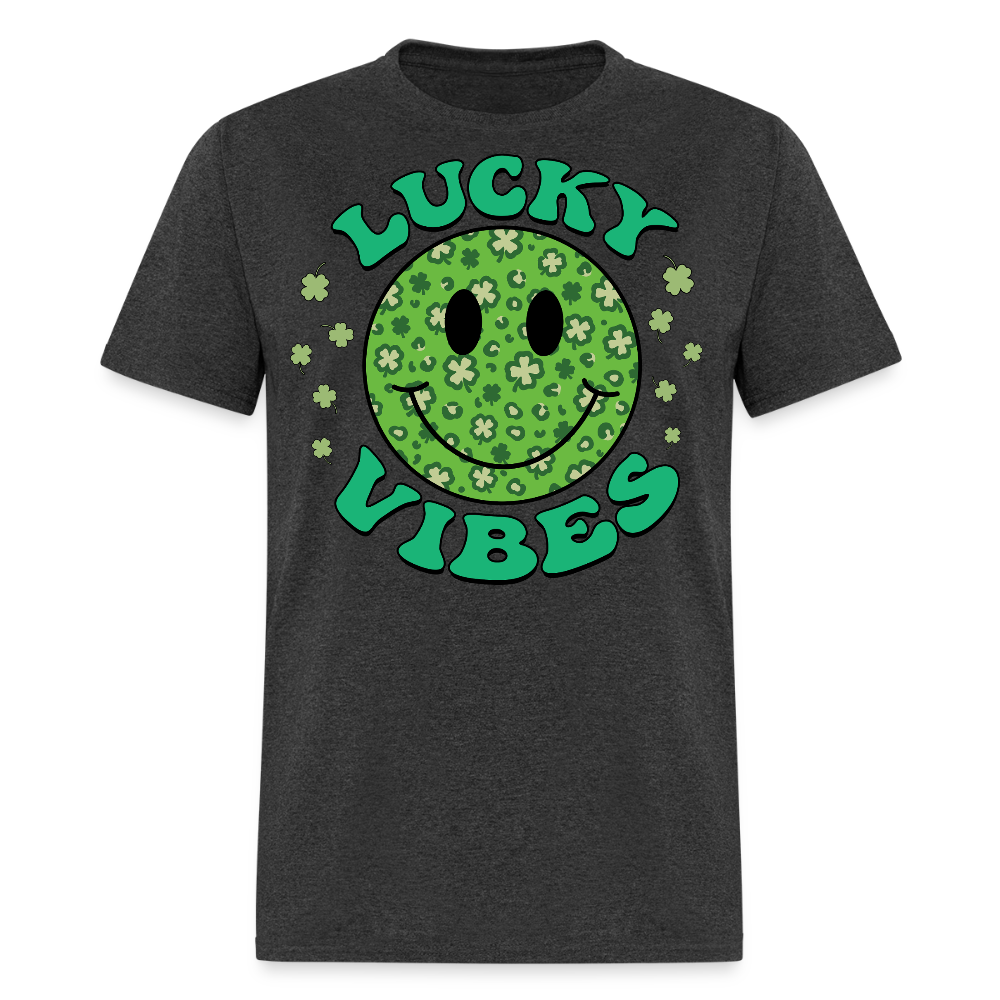 Smiley Face Shamrock Lucky Vibes St Patrick’s Day T-shirt - heather black