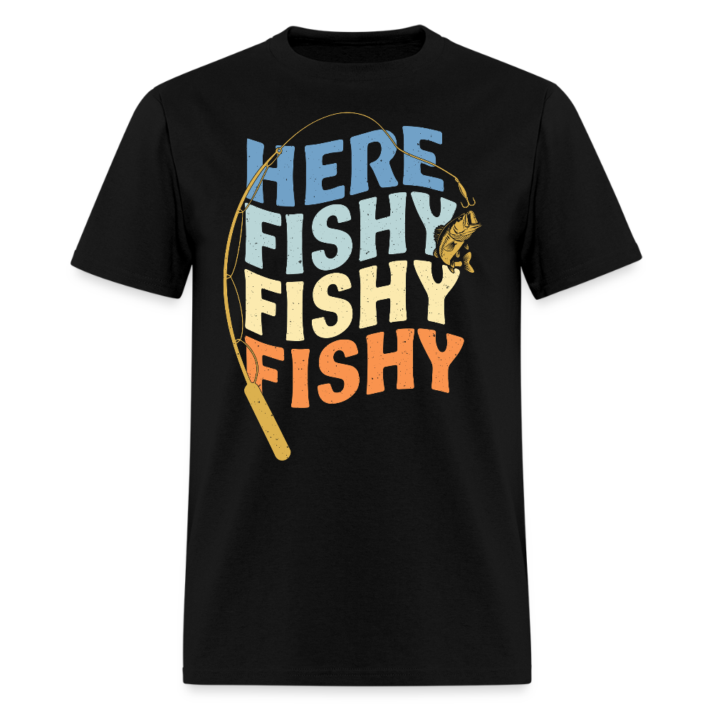 Retro Here Fishy Fishy Funny Fishing T-Shirt - black