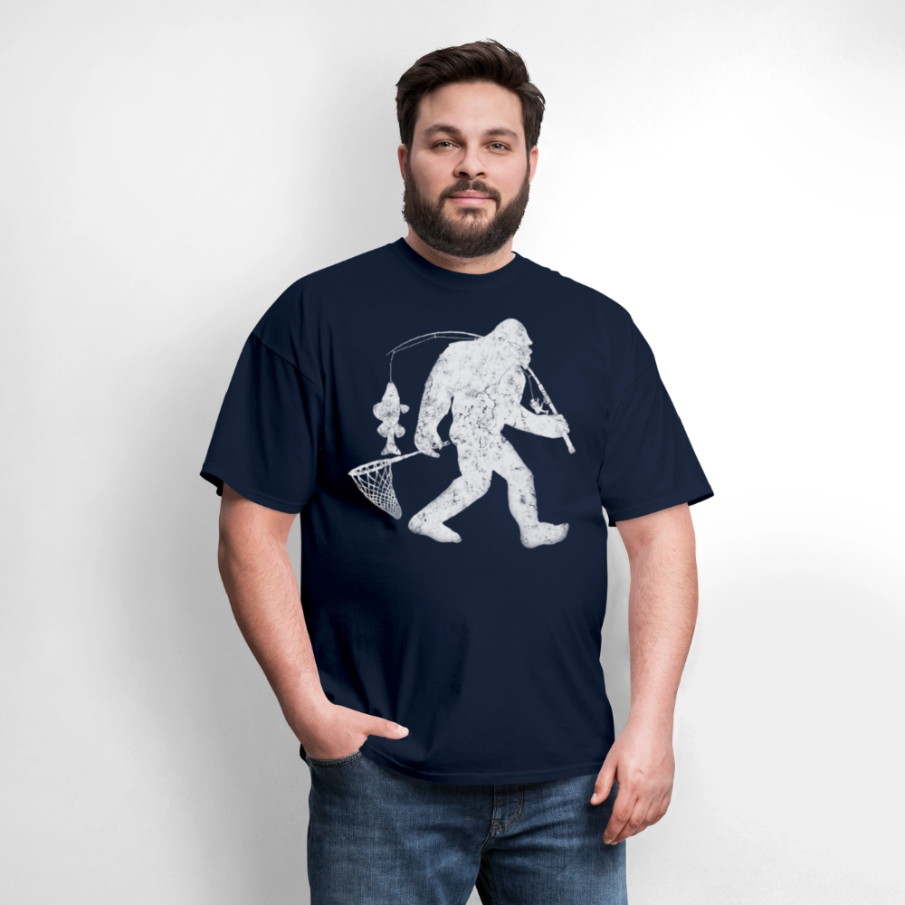 Bigfoot Fishing Funny Sasquatch T-Shirt - navy