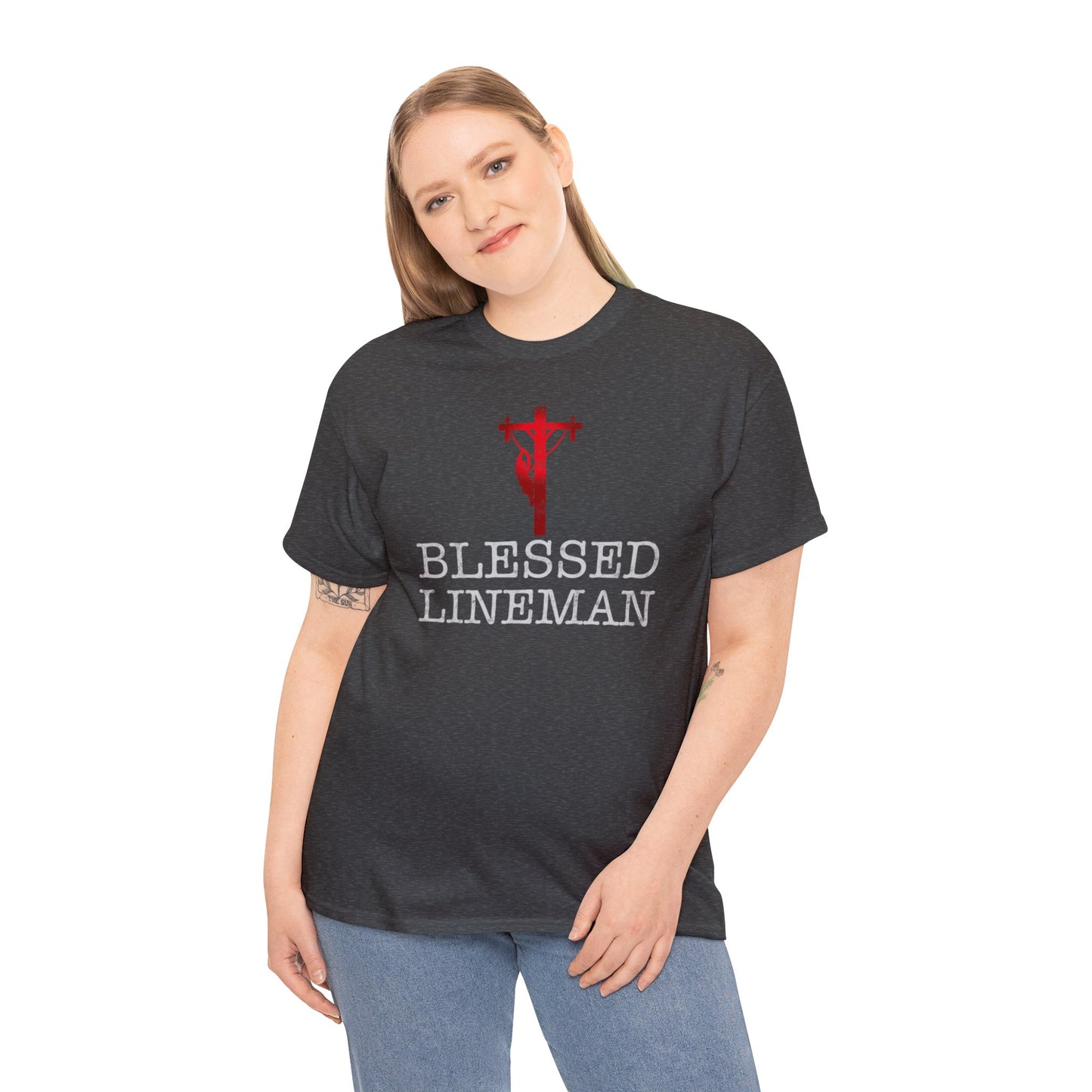 Blessed Lineman gift for Christian Lineman Unisex Heavy Cotton Tee