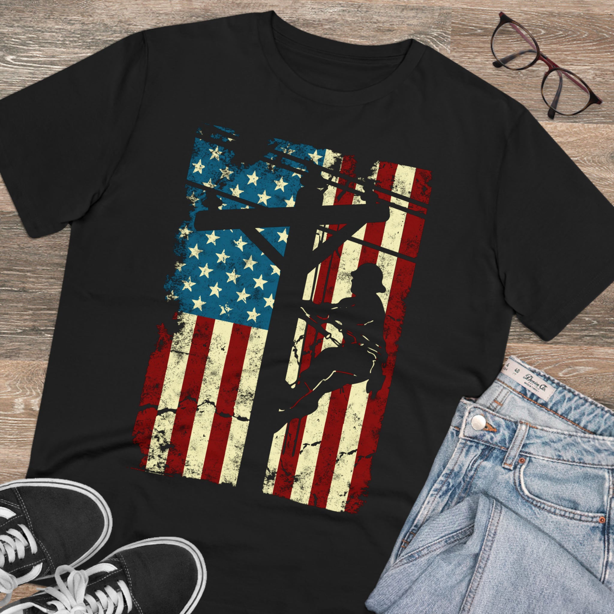 American Flag Electric Cable Lineman Organic Creator T-shirt - Unisex