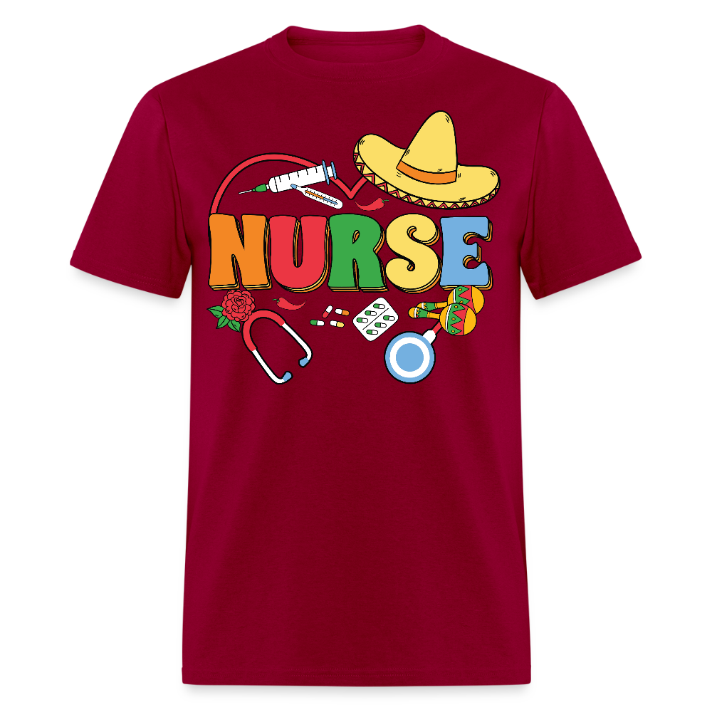 Nurse Shirt with Stethoscope and Maracas Cinco de Mayo Nurse T-shirt - dark red