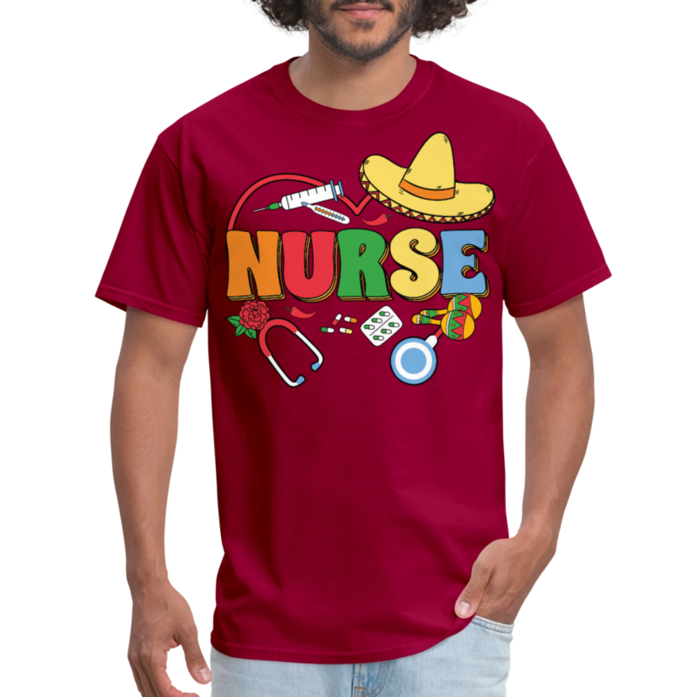 Nurse Shirt with Stethoscope and Maracas Cinco de Mayo Nurse T-shirt - dark red