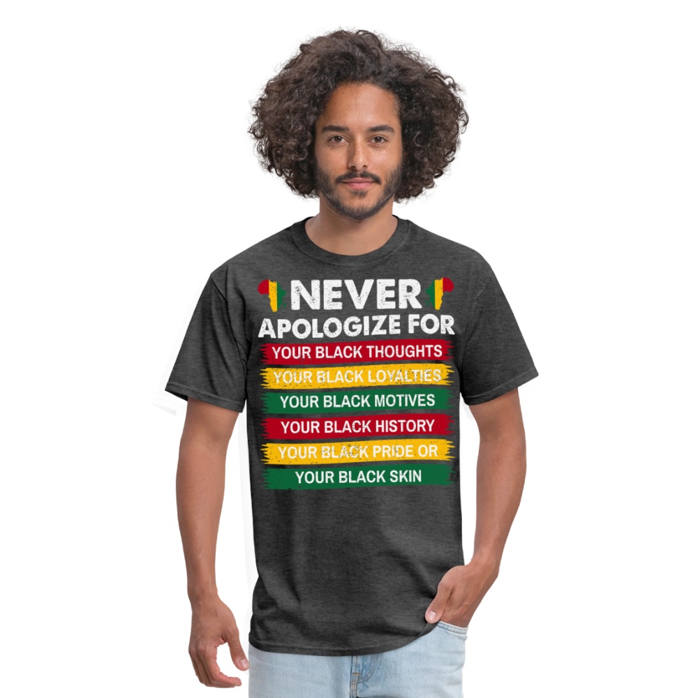 Empowerment Afrocentric Apparel Never Apologize Black Pride T-Shirt - heather black