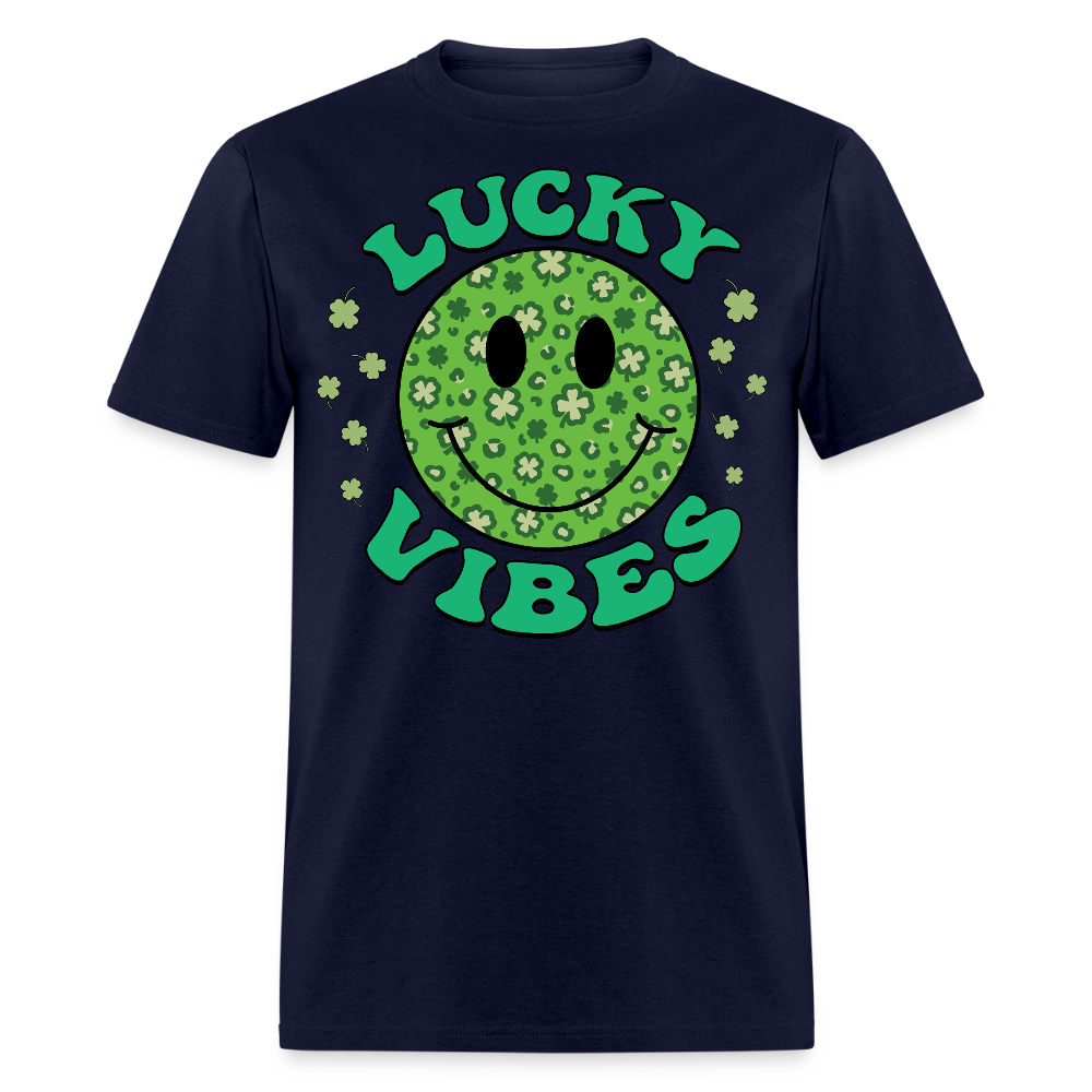 Smiley Face Shamrock Lucky Vibes St Patrick’s Day T-shirt - navy