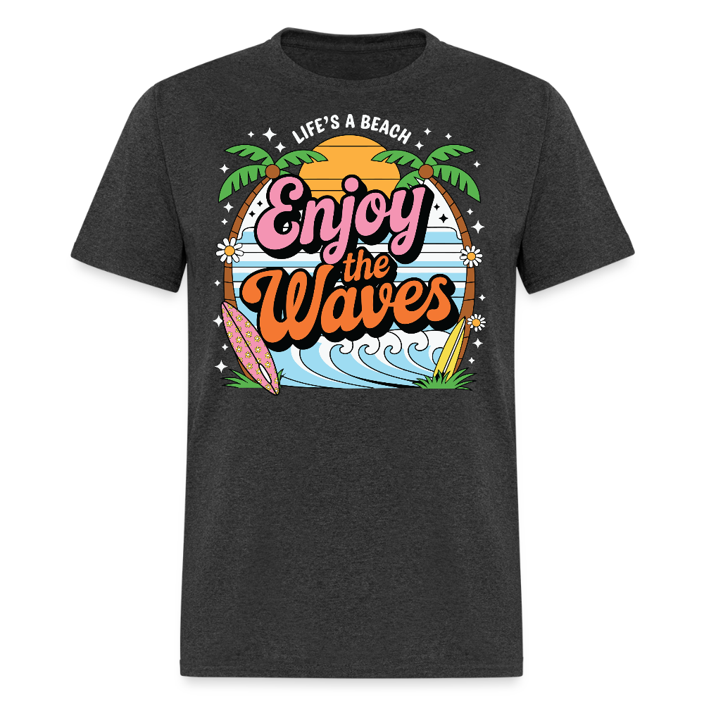 Enjoy The Waves Retro Beach Life T-shirt - heather black