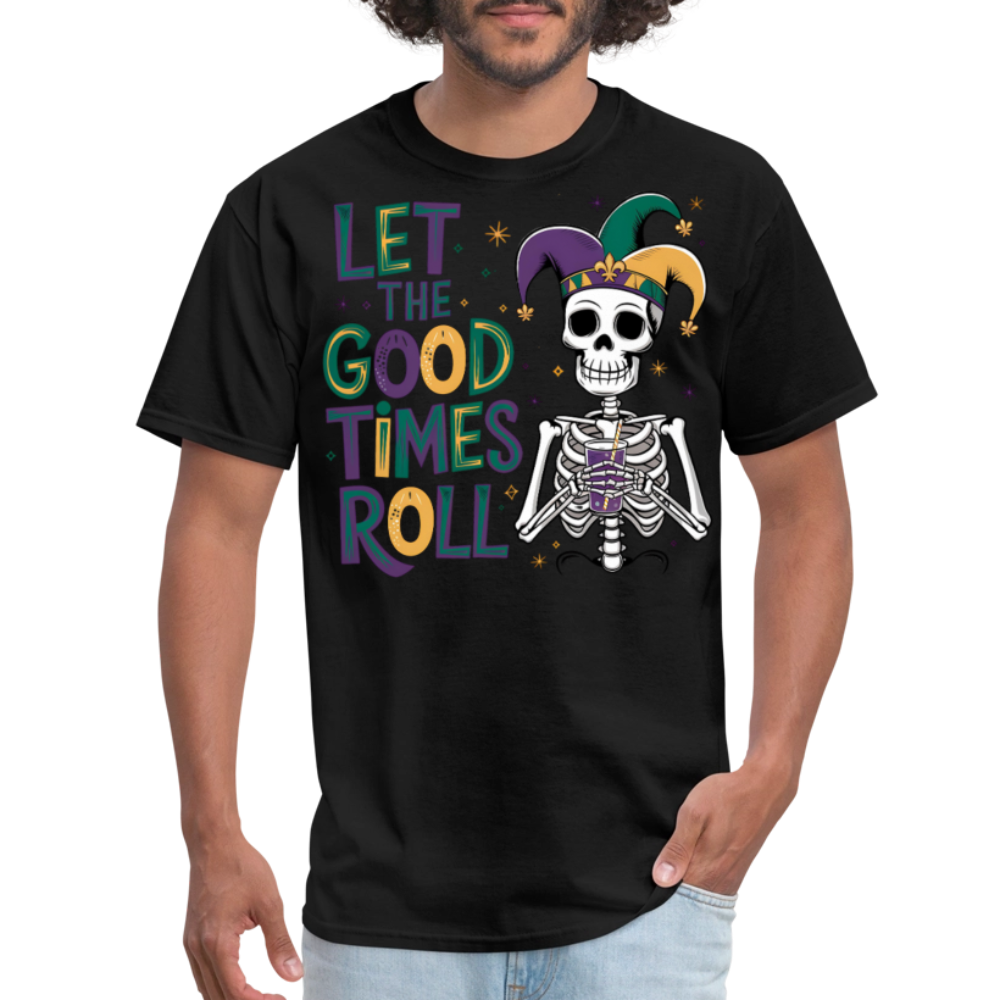 Let the Good Times Roll Mardi Gras Tee Funny Skeleton Jester Hat T-shirt - black