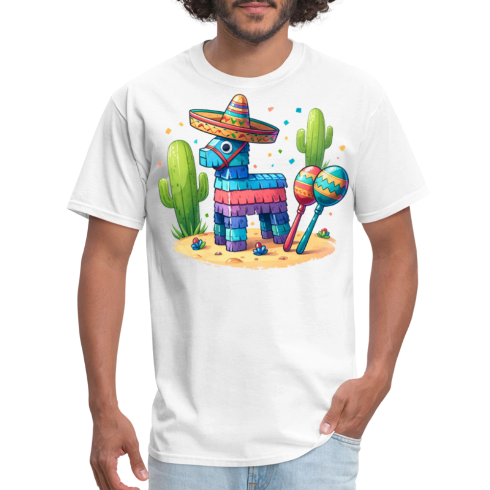 Funny Fiesta-themed Graphic Tee Colorful Piñata with Sombrero T-shirt - white