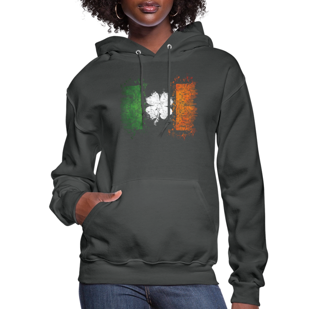 Women's Irish Flag Distressed Shamrock Hoodie - St Patrick's Day - asphalt