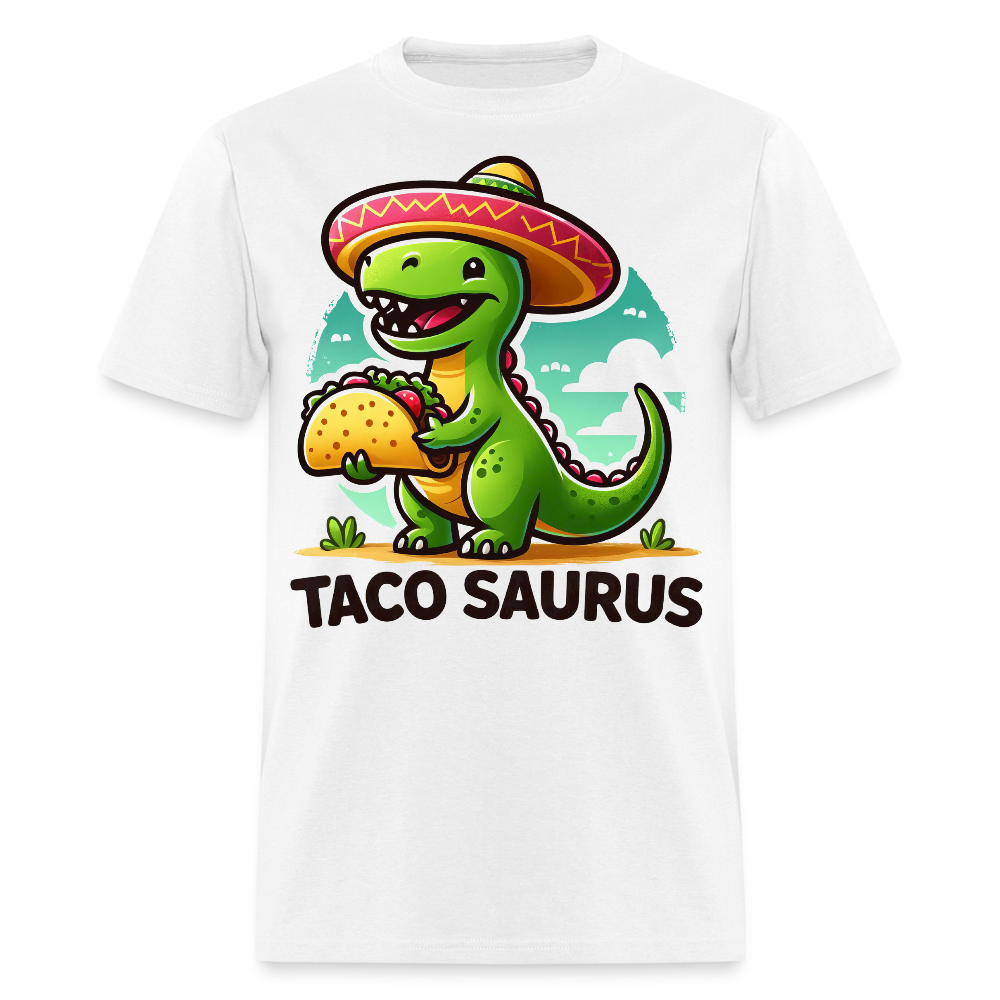 Cute Dino Holding A Taco Graphic Tee Funny Dinosaur Taco T-shirt - white