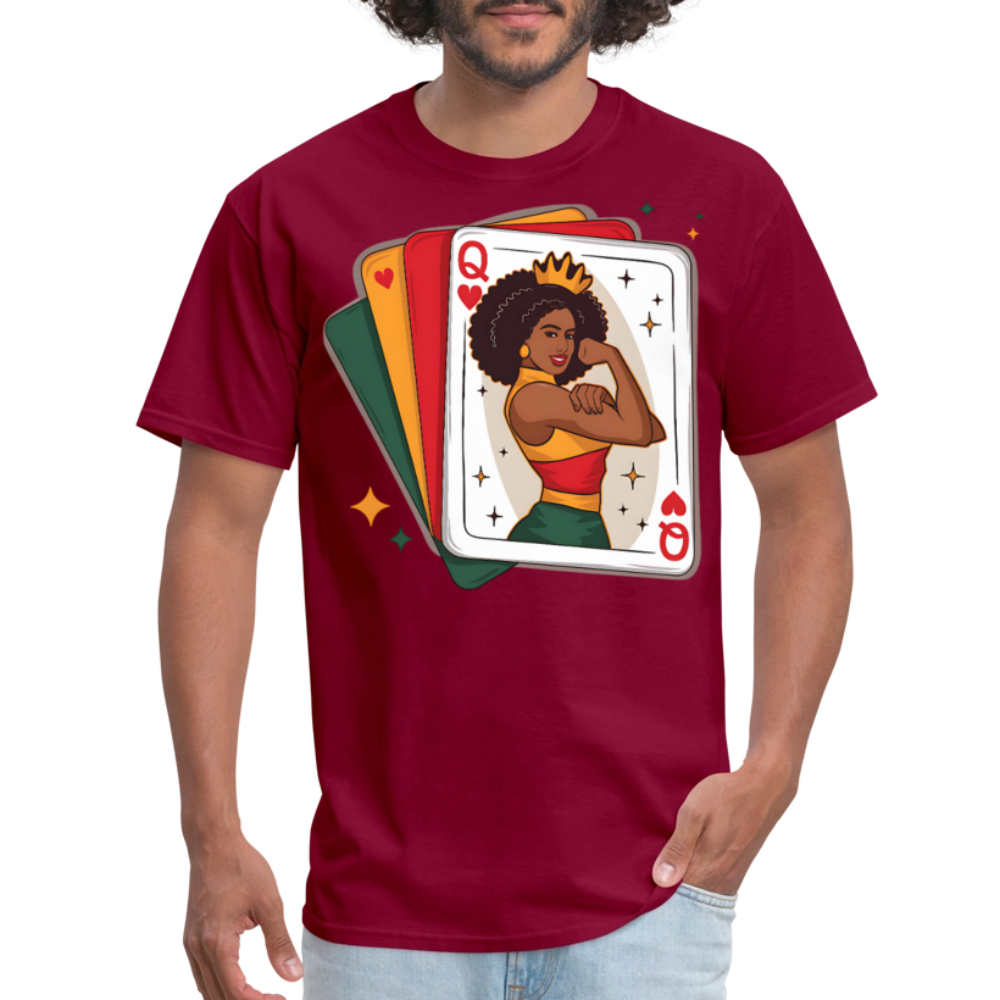 African American Queen Graphic Tee Black Queen Playing Card T-shirt - burgundy