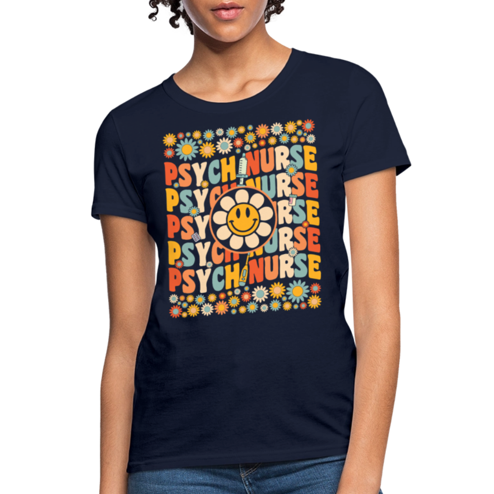 Retro Psych Nurse Tee Groovy Mental Health T-Shirt - navy