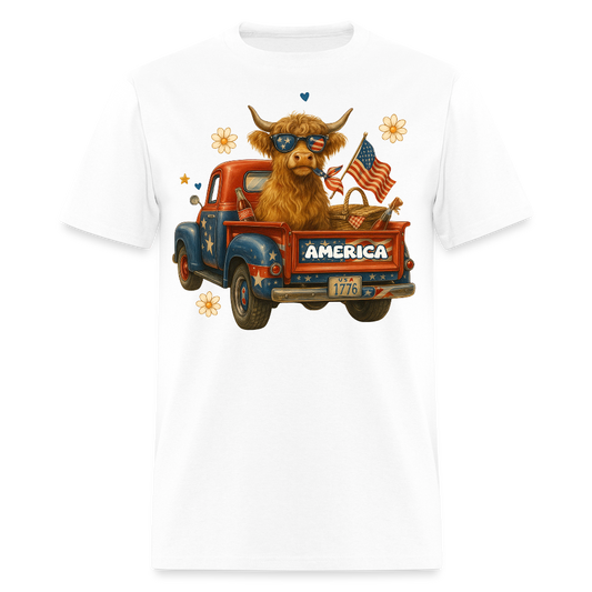 Patriotic Highland Cow 4th Of July Farmhouse T-Shirt - white