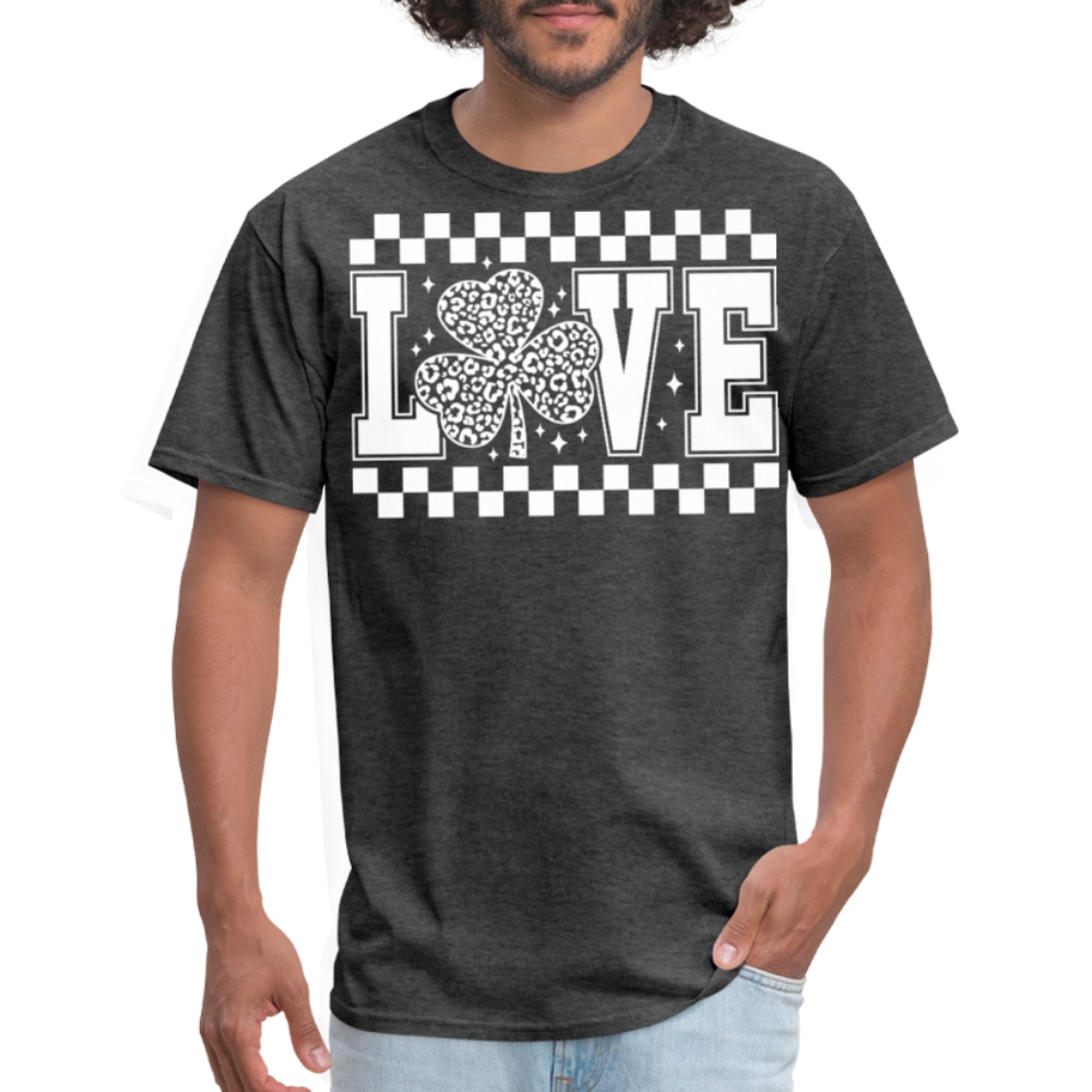 Shamrock Checkered Love Tee St Patrick’s Day leopard Print T-shirt - heather black