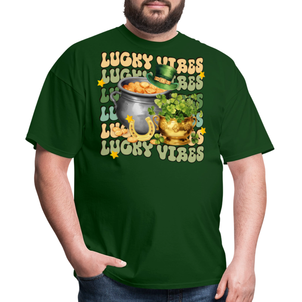 Retro-style St Patrick's Day Lucky Vibes T-shirt - forest green