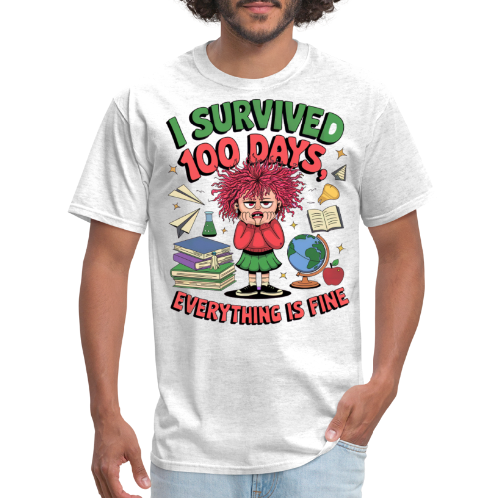 I Survived 100 Days Everything is Fine Tee Funny School Anniversary T-Shirt - light heather gray