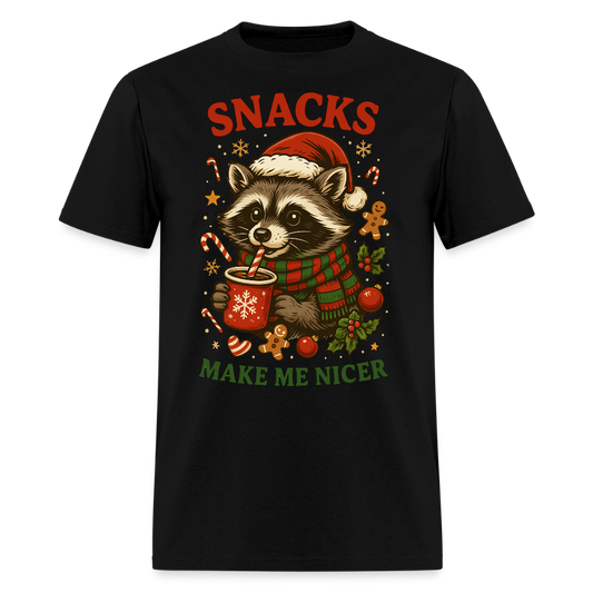 Snacks Make Me Nicer Raccoon Christmas T-Shirt - black