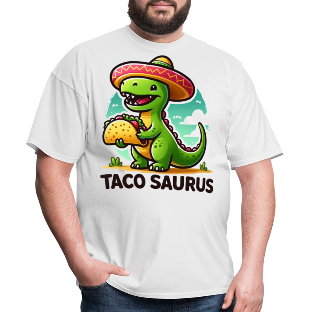 Cute Dino Holding A Taco Graphic Tee Funny Dinosaur Taco T-shirt - white