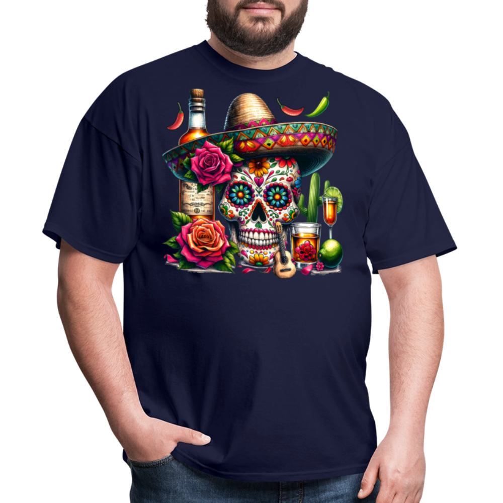 Colorful Mexican Skull Shirt Day Of The Dead Sugar Skull T-shirt - navy