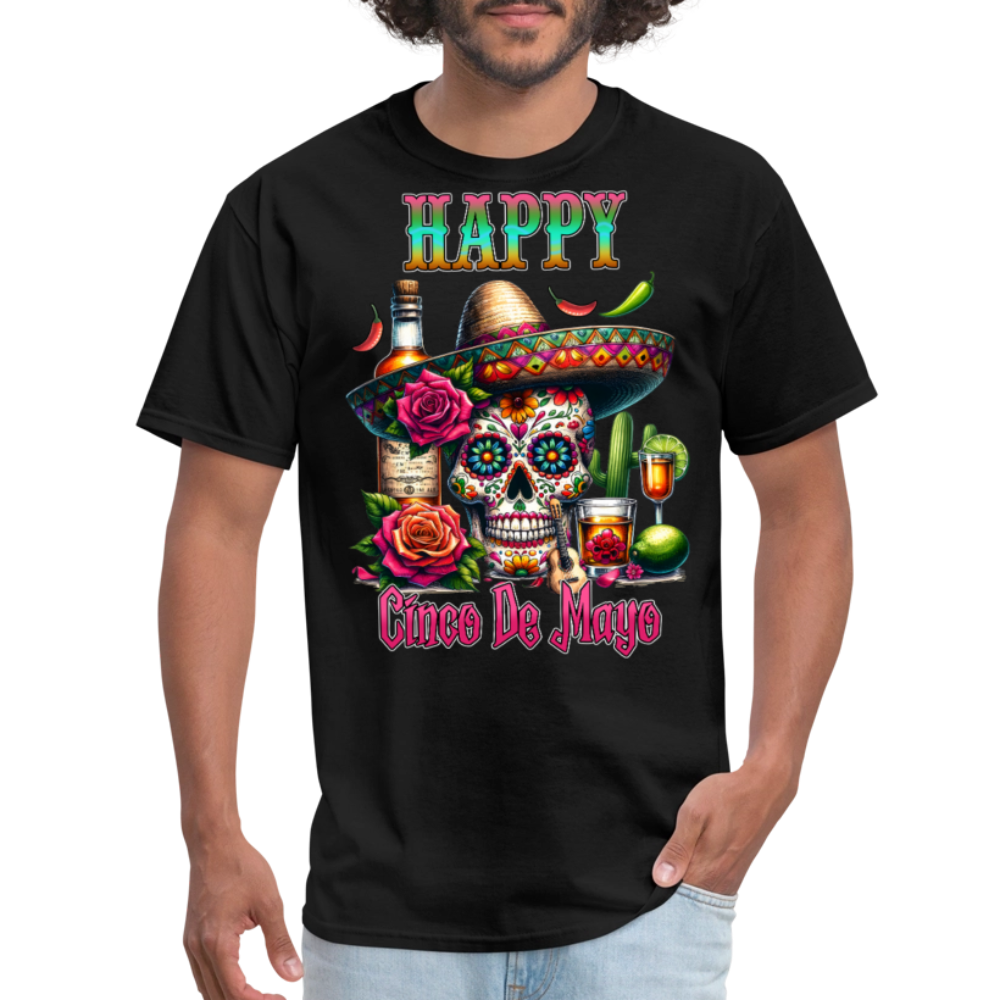 Mexican Fiesta Outfit With Skull And Roses Cinco de Mayo Skull T-shirt - black