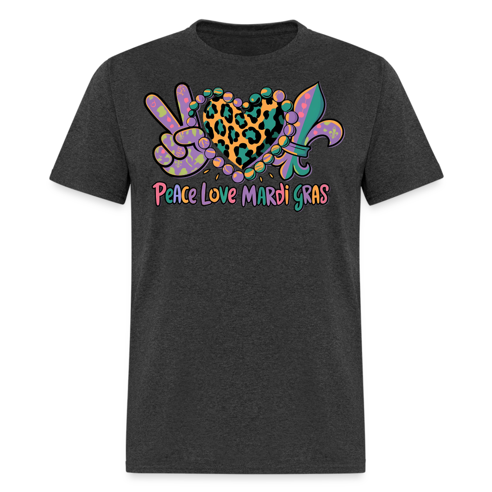 Peace Love Mardi Gras Graphic Tee Colorful Festival T-shirt - heather black