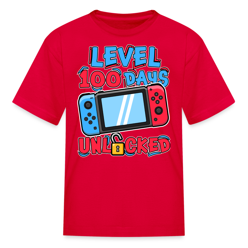 100 Days Unlocked Video Game Tee Gaming Milestone Kids T-shirt - red