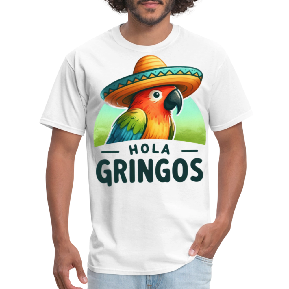 Colorful Parrot Sombrero Graphic Tee Hola Gringos Fiesta Party T-shirt - white