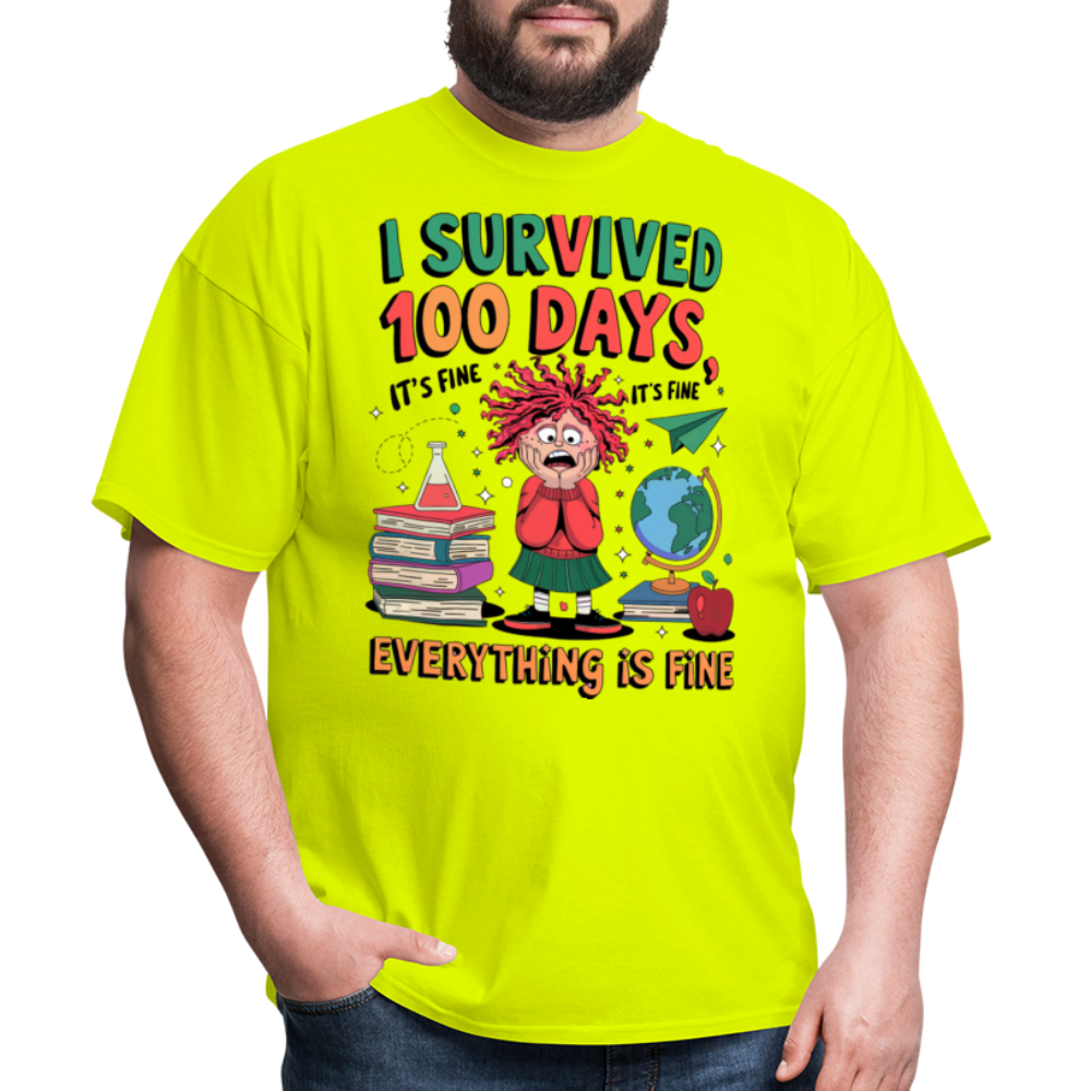 I Survived 100 Days of School Shirt - Funny Teacher and Student Celebration Unisex T-Shirt - safety green