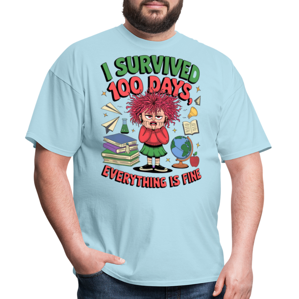 I Survived 100 Days Everything is Fine Tee Funny School Anniversary T-Shirt - powder blue