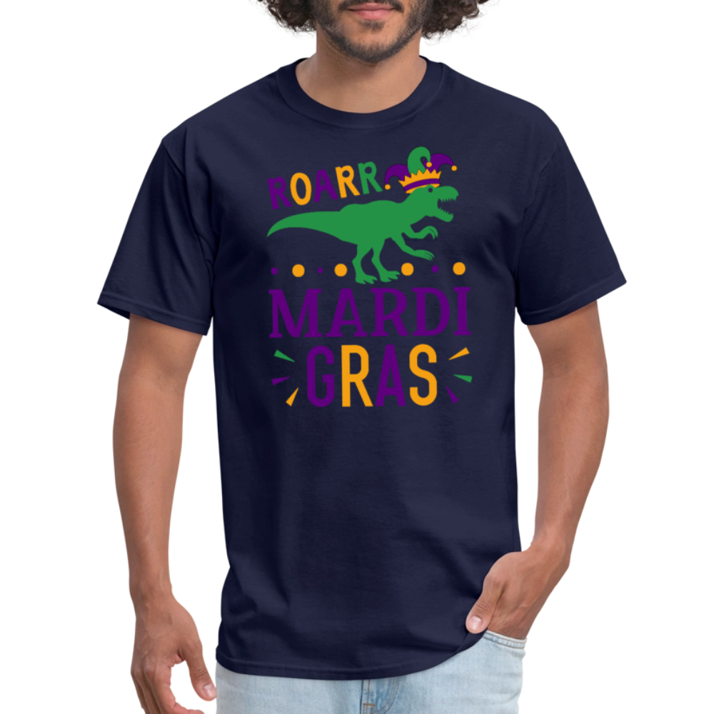 Roar Mardi Gras T-Rex Graphic Tee Funny Mardi Gras T-shirt - navy