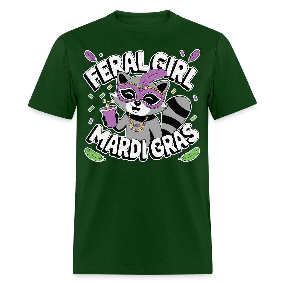 Feral Girl Mardi Gras Party Tee Raccoon Meme T-shirt - forest green