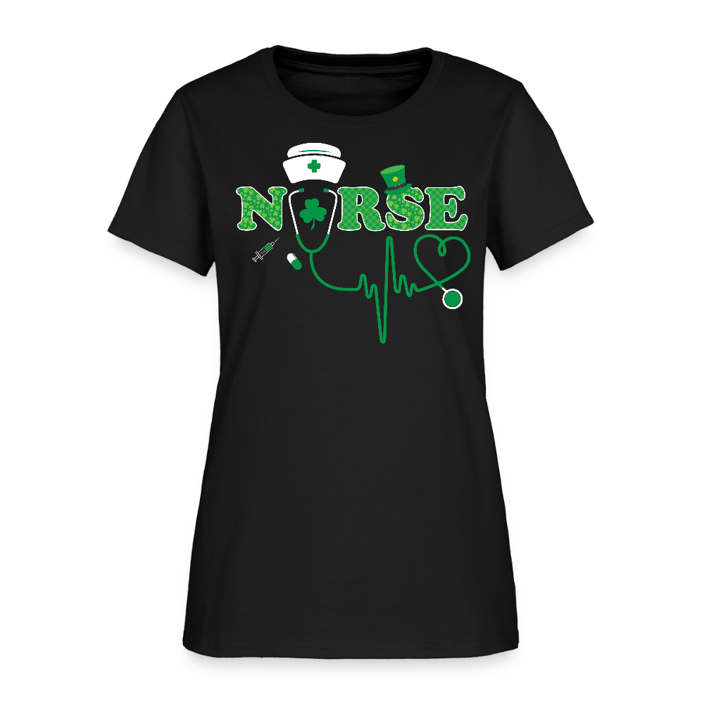 Nurse Stethoscope Heartbeat St Patricks Day T-Shirt - black