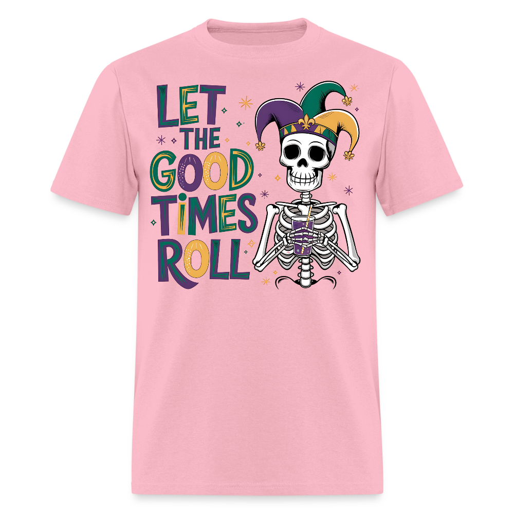 Let the Good Times Roll Mardi Gras Tee Funny Skeleton Jester Hat T-shirt - pink