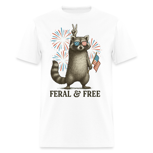 Feral And Free Raccoon American Flag Raccoon T-Shirt - white