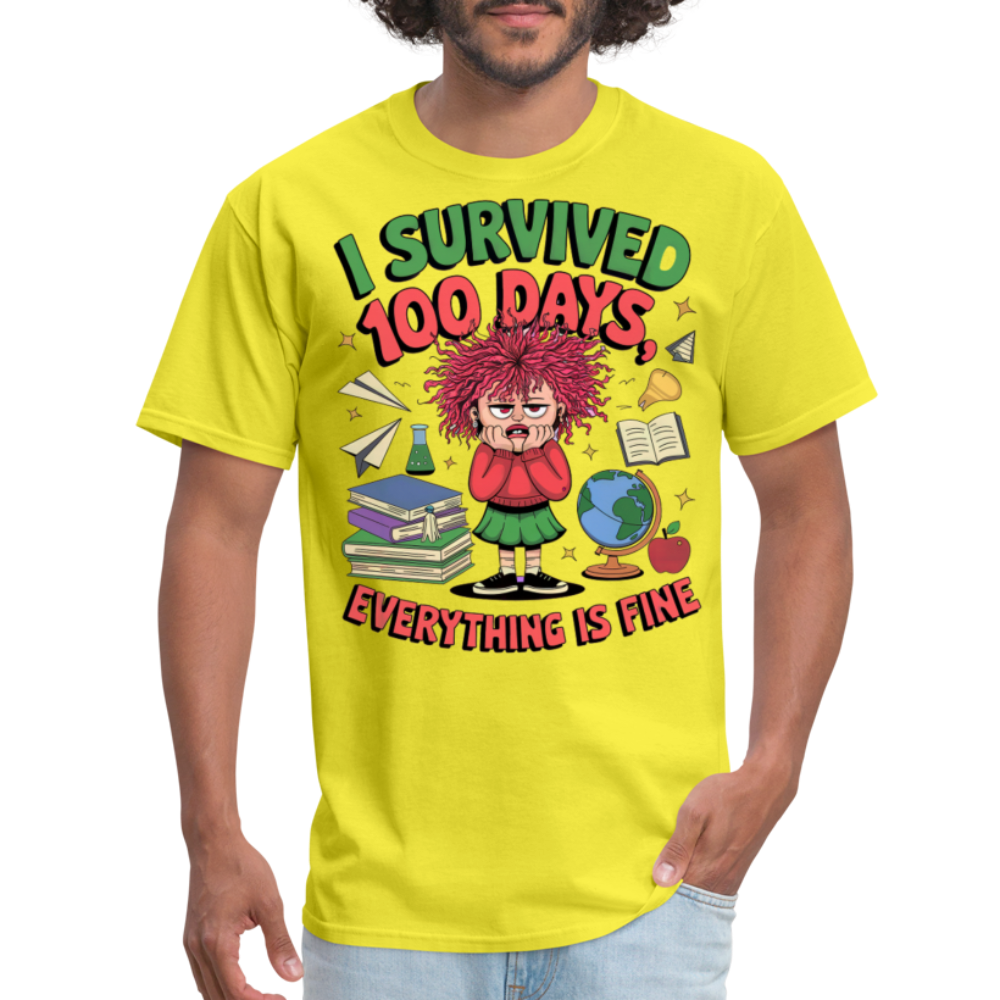 I Survived 100 Days Everything is Fine Tee Funny School Anniversary T-Shirt - yellow