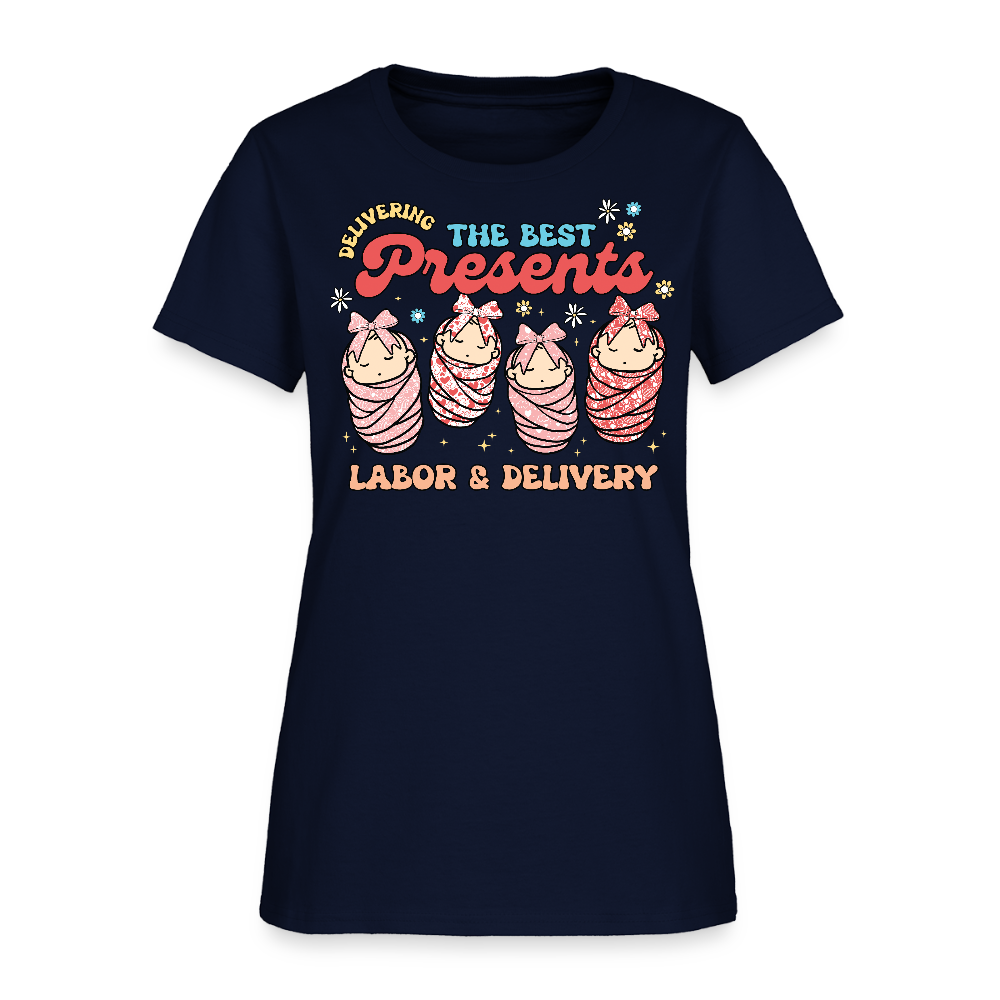 Delivering The Best Presents Labor & Delivery Maternity Nurse T-Shirt - navy